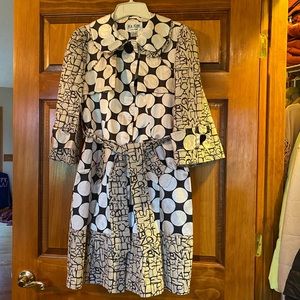 An Ren Printed Black, White, & Cream Trench Coat Jacket Button Front